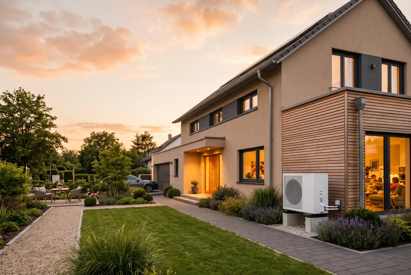 Moderne Wärmepumpe an einem gepflegten Einfamilienhaus